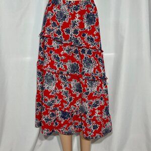 Cato Size Large Tiered Ruffled Midi Floral Red with Blue Skirt